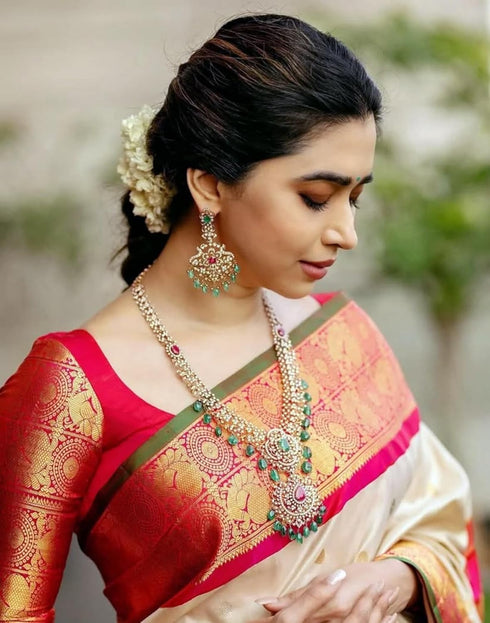 Vasthrlay Banarasi Jacquard Unstitched Beige Saree