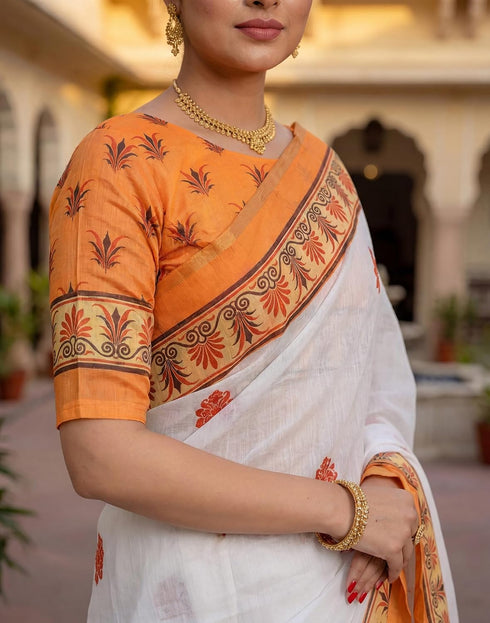 Vasthrlay Womens Printed White | Light Orange Saree With Unstitched Blouse Piece