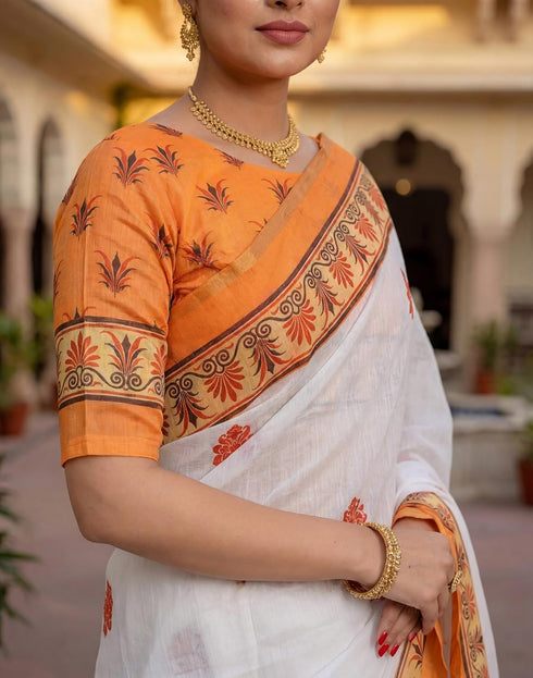 Vasthrlay Womens Printed Unstitched Peach Saree