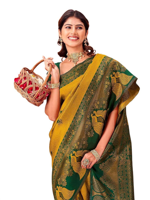 Vasthrlay Kanjivaram Jacquard Unstitched Mustard Saree