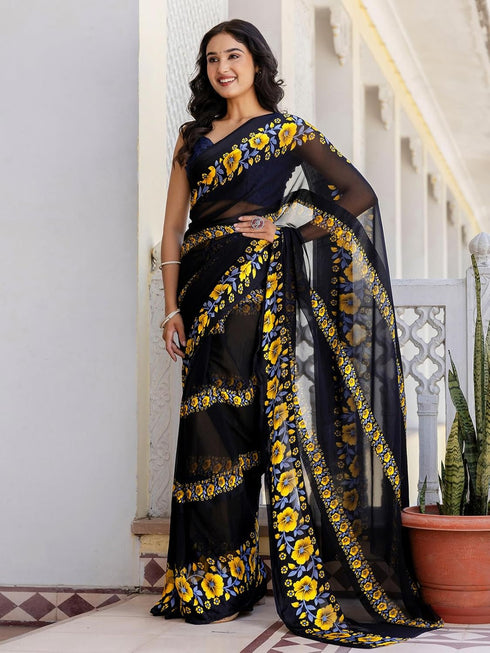 Vasthrlay Georgette Printed Unstitched Dark Green Saree