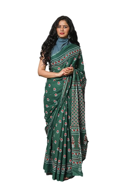 Jalther Handicrafts Women'S Ikat Hand Block Print Jaipuri Cotton Mulmul Saree