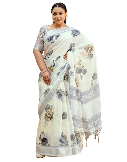 Vasthrlay Womens Printed Unstitched Off White Saree