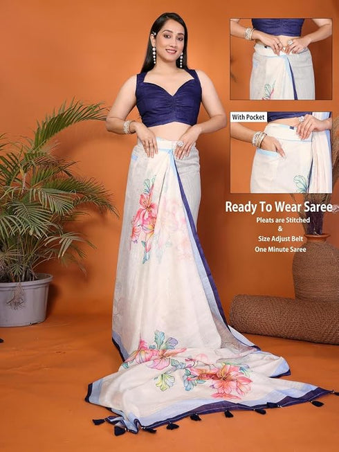 Vasthrlay Cream White Digital Print Linen Ready To Wear Saree For Women