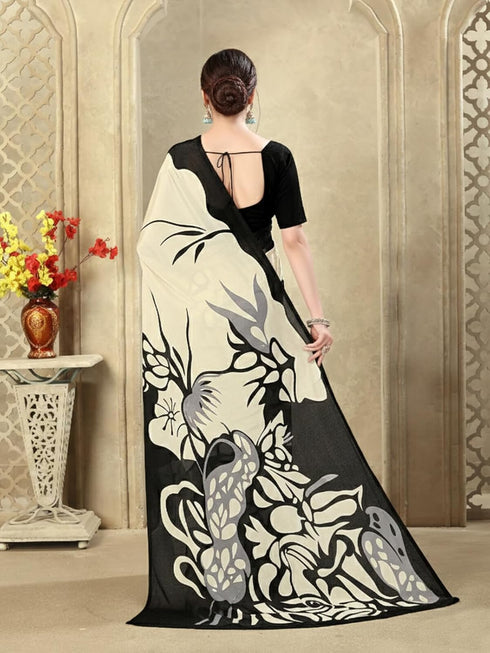 Vasthrlay Womens Printed Beige Saree With Black Unstitched Blouse Piece