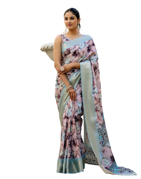 Vasthrlay Womens Printed Unstitched Beige Saree