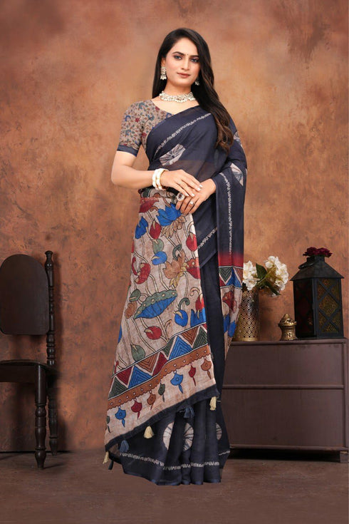 Vasthrlay Pure Linen Cotton Black Saree with Kalamkari Print Border