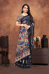 Vasthrlay Pure Linen Cotton Black Saree with Kalamkari Print Border