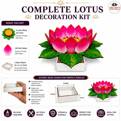 Digi Art's Complete Lotus Decoration Kit | 12 Inch Premium Printed MDF Lotus Base with 16 Petals & 4x4 Inch Stand | DIY Assembly | Reusable Pooja Decoration for Ganesh, Lakshmi, Kalash & Home Decor