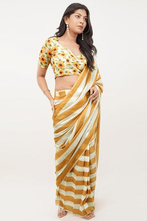 Vasthrlay Yellow Multi Print Design Linen Ready To Wear Saree
