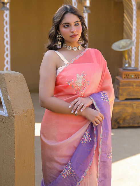 Vasthrlay Sequins Embroidery Orange Saree