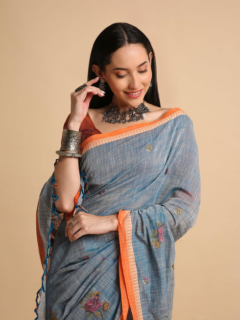 Vasthrlay Handloom Embroidered Apricot Saree