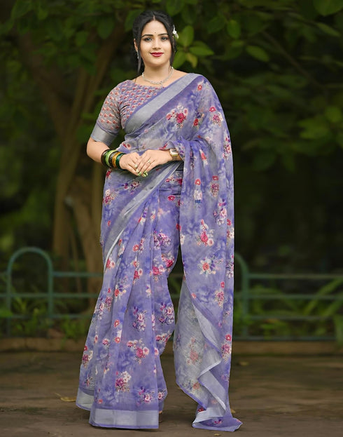 Vasthrlay Chanderi Printed Unstitched Blue Saree