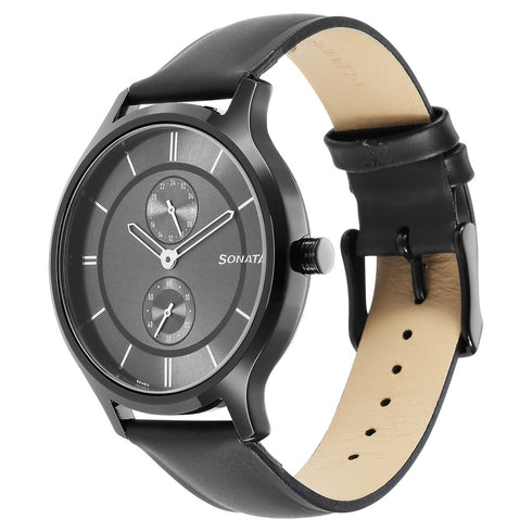 Sonata Quartz Multifunction Grey Dial Leather Strap Watch for Men