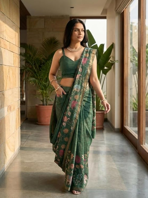 Vasthrlay Green Floral Print Ready To Wear Linen Saree