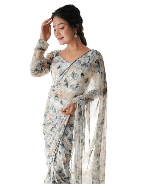 Vasthrlay Georgette Printed Unstitched Leaf Black Free Ethnic Wear