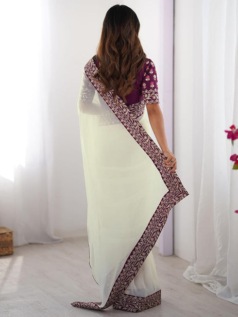 Vasthrlay Shimmer Embroidery Unstitched Off White Saree