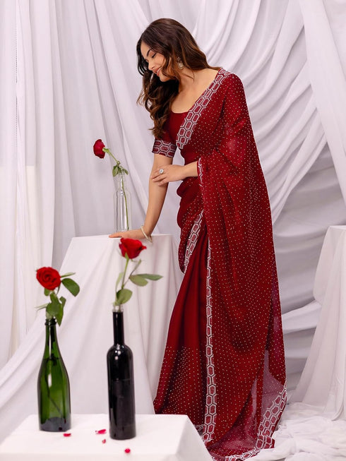 Vasthrlay Womens Chiffon Unstitched Maroon Saree