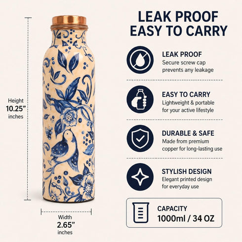 Pure Copper Water Bottle Indigo Blue 1000 ml