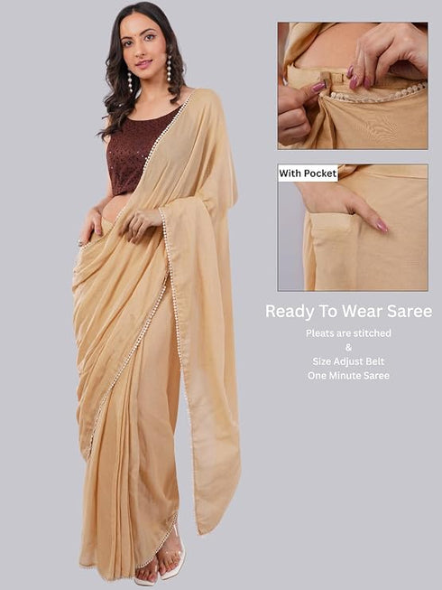 Vasthrlay Womens Beige Cotton Ready To Wear Saree