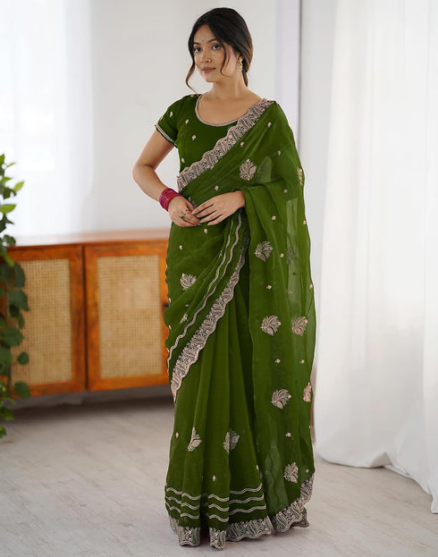 Vasthrlay Scalloped Embroidery Green Saree With Unstitched Blouse Piece