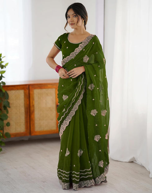 Vasthrlay Scalloped Embroidery Unstitched Lime Green Saree