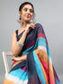 Vasthrlay Multicolor Printed Striped Linen Saree With Solid Linen Unstitched Blouse Piece For Women