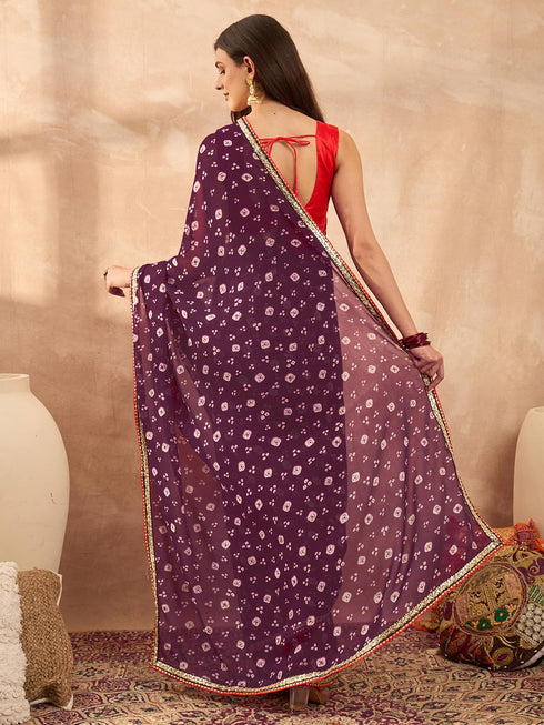 Vasthrlay Vasthrlaywomenspurplegeorgettebandhaniprintembroideredlaceworksareewithunstitchedblousepiece Sareeforwoman Designersareeforwomen Tr Ethnic Wear