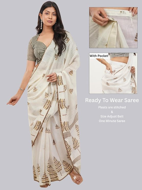 Vasthrlay Off White Multi Print Design Linen Ready To Wear Saree