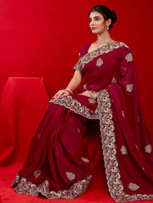 Vasthrlay Scalloped Embroidery Maroon Saree