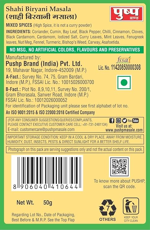 Pushp Brand Biryani Pulav Masala Box