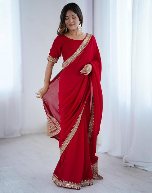 Vasthrlay Sequence Embroidery Unstitched Red Saree