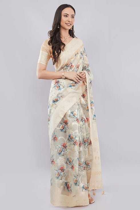 Vasthrlay Cream Peach Floral Print Chanderi Silk Blend Saree With Unstitched Blouse Piece