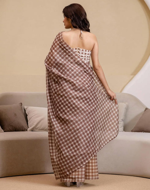 Vasthrlay Womens Cotton Printed Brown Saree With Unstitched Blouse Piece