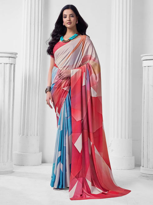 Vasthrlay Abstract Printed Pink And Blue Saree With Unstitched Blouse Piece