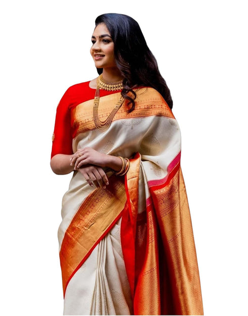 Vasthrlay Jacquard Kanjivaram Unstitched Cream Saree