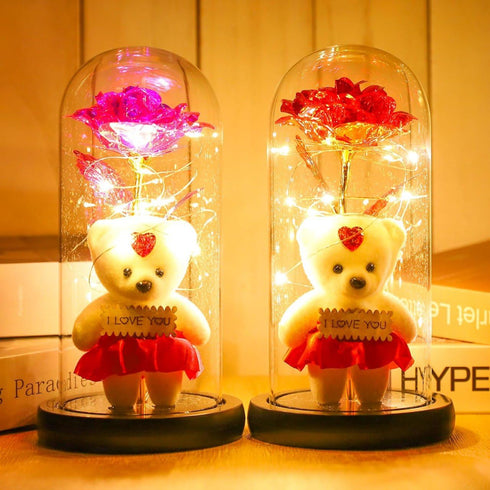 Wishpitara Valentines Day Artificial Rose Flower Light Gift in Glass Dome with Teddy