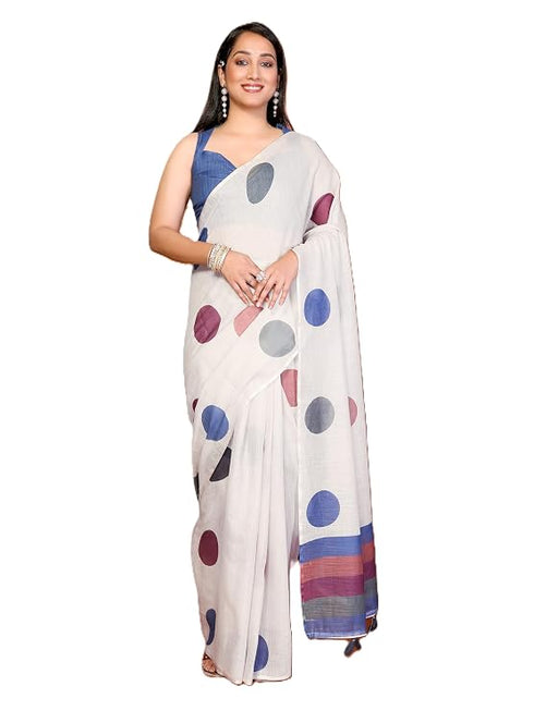 Vasthrlay White Floral Printed Design Linen Saree With Solid Unstitched Linen Blouse Piece