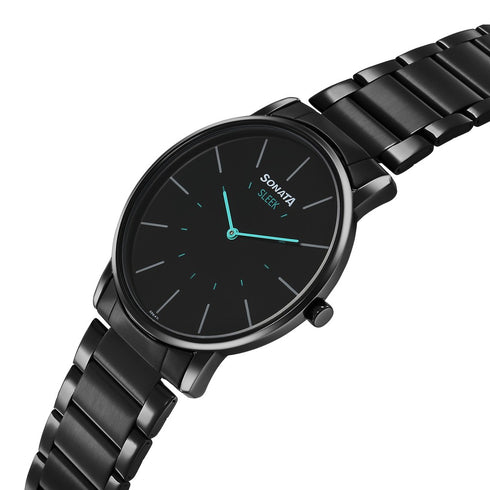 Sonata Sleek Quartz Analog Black Dial Black Stainless Steel Strap Watch For Men Style NU7152NM01