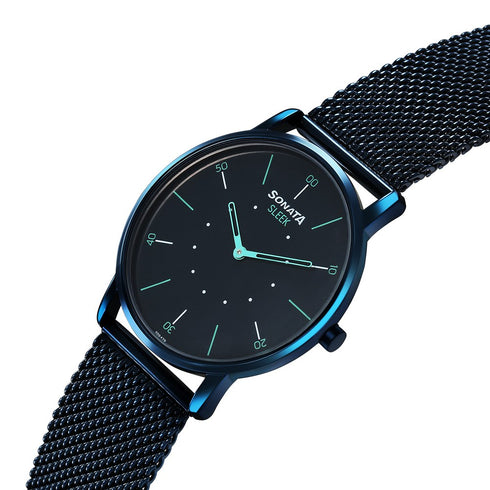 Sonata Sleek Quartz Analog Blue Dial Blue Stainless Steel Strap Watch For Men Style NU7152QM02