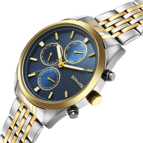 Sonata Magna Quartz Multifunction Blue Dial Two Toned Stainless Steel Strap Watch For Men