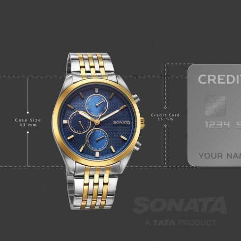 Sonata Magna Quartz Multifunction Blue Dial Two Toned Stainless Steel Strap Watch For Men