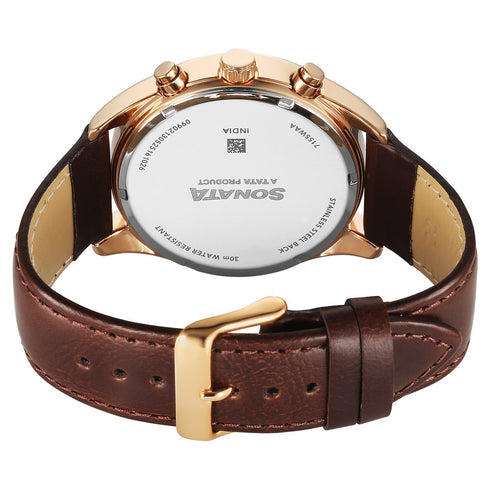 Sonata Magna Quartz Multifunction Brown Dial Rose Gold Leather Strap Watch For Men