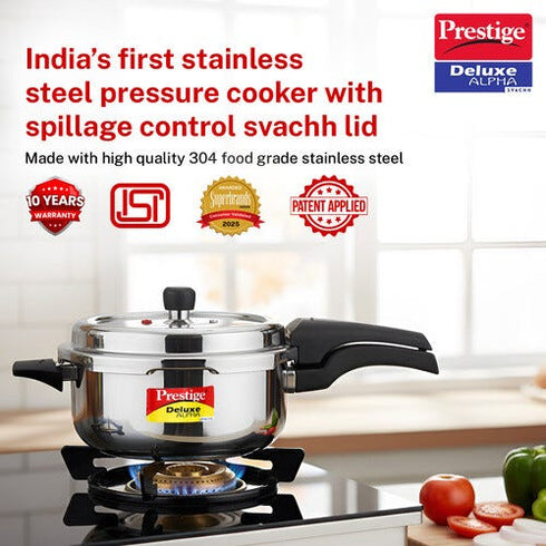 Prestige 4 Litre Stainless Steel Deluxe Alpha Svachh Outer Lid Senior Pressure Pan 4 L