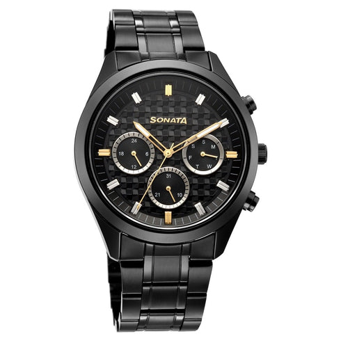 Sonata Multifunction Black Dial Black Metal Strap Watch For Men