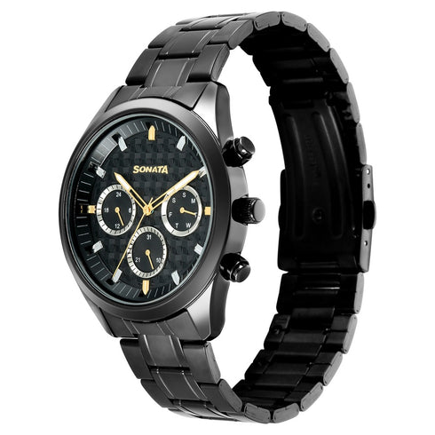 Sonata Multifunction Black Dial Black Metal Strap Watch For Men