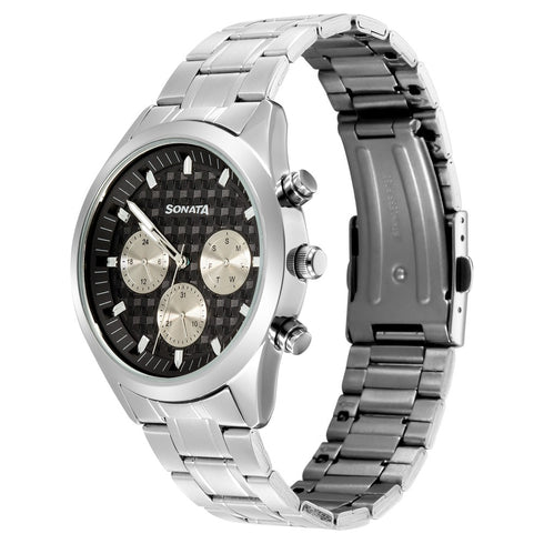 Sonata Multifunction Black Dial Silver Metal Strap Watch For Men