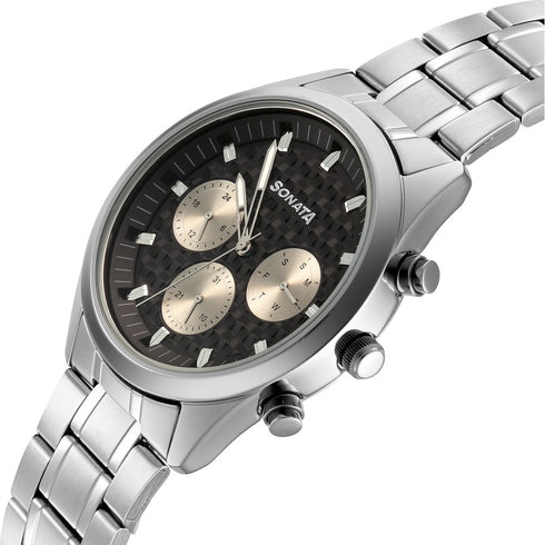 Sonata Multifunction Black Dial Silver Metal Strap Watch For Men