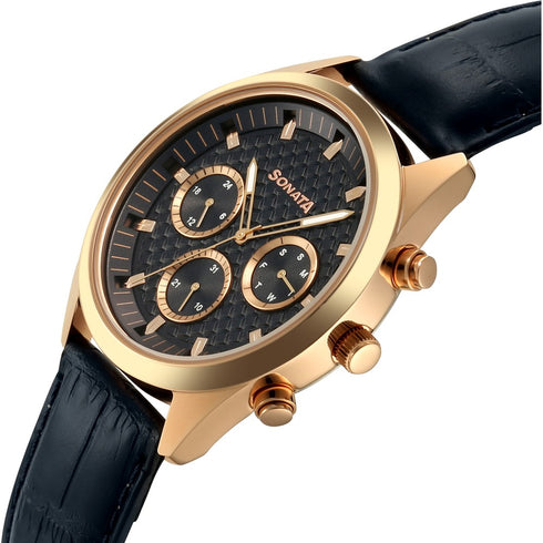 Sonata Multifunction Blue Dial Blue Leather Strap Watch For Men