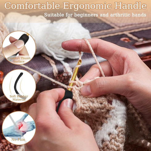 Ergonomic Crochet Hook Set with Soft Grip Handles, Black & Gold Crochet Hooks